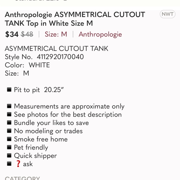 🌷SALE 3/$21🌷Anthropologie Asymmetrical Cutout Tank NWT - Picture 7 of 11